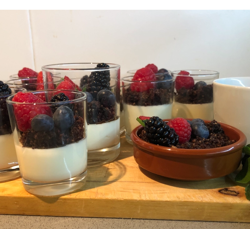 POSTRES PEQUEÑOS MACETITAS DE QUESO Y FRUTO ROJOS